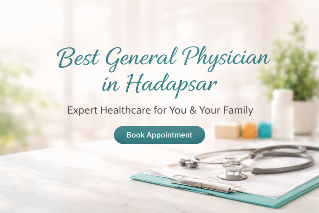 Aesthetic healthcare banner with text best general physician in Hadapsar and a clean clinic desk setup