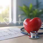 Aesthetic heart health concept image with red heart model, stethoscope, and ECG report for cardiology and heart checkups.