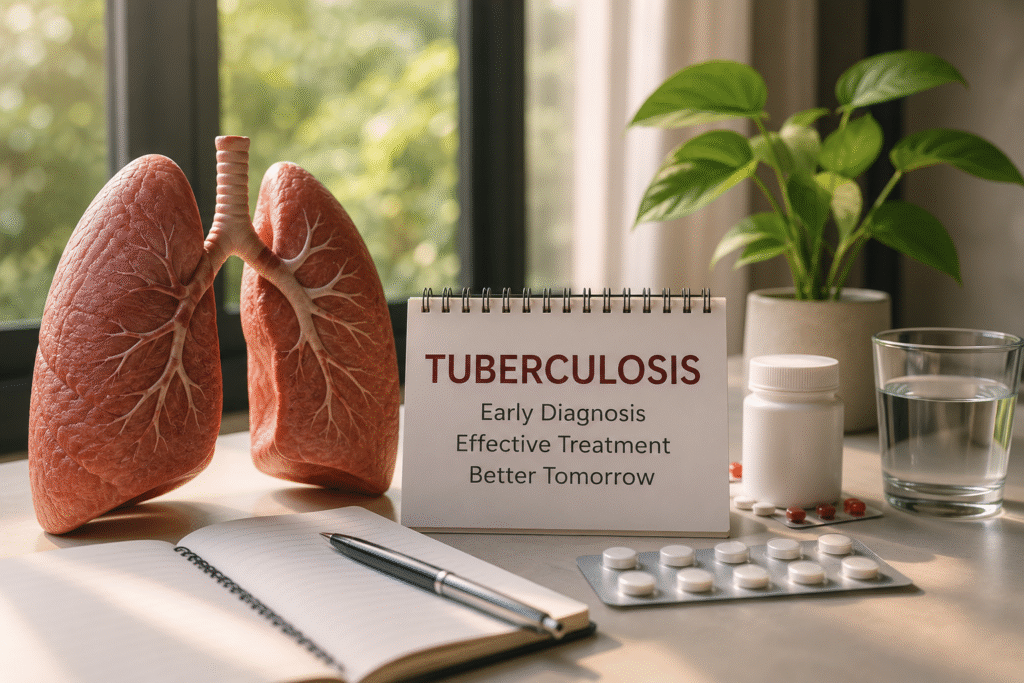 Illustration of lungs, TB medication, and a notebook in a calm healthcare setting representing T.B. Treatment in Hadapsar.