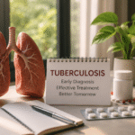 Illustration of lungs, TB medication, and a notebook in a calm healthcare setting representing T.B. Treatment in Hadapsar.