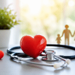 Aesthetic heart health setup with a red heart and stethoscope on a clean medical background